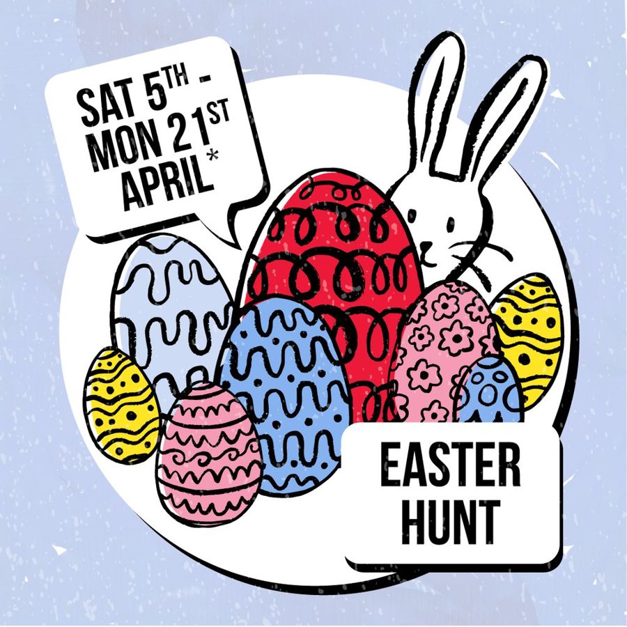 Colourful Easter Hunt poster featuring eggs and bunny