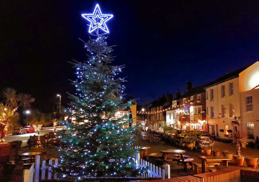 Christmas tree with fairy lights and star and christmas lights behind in Deal