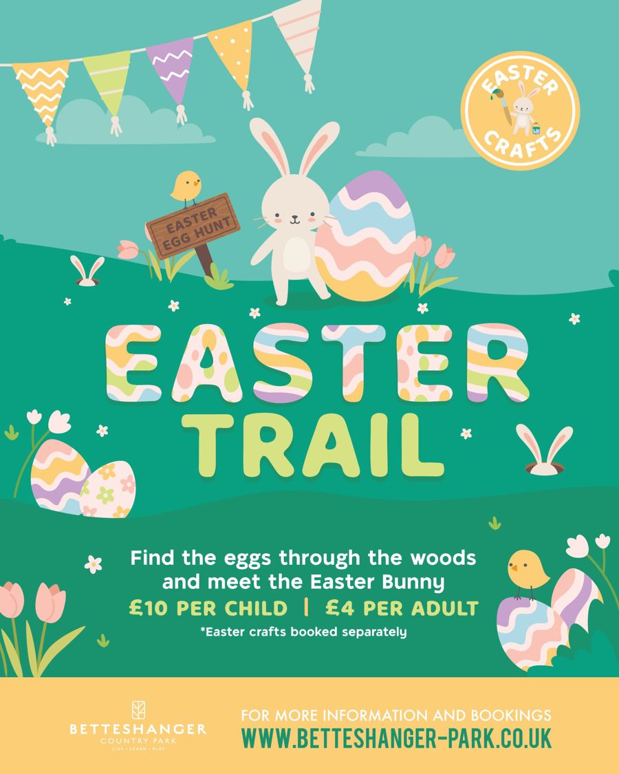 Colourful Easter trail poster featuring eggs and bunny