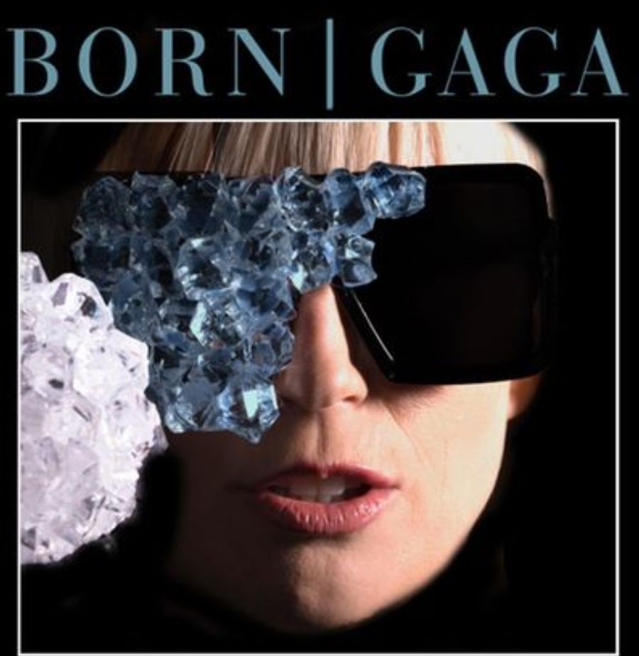 Poster for Born Gaga with a woman wearing dark glasses with one side covered with diamonds.