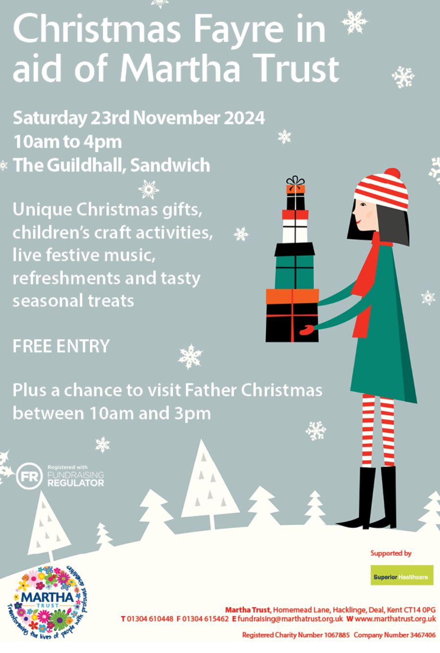 Poster advertising The Martha Trust Christmas Fayre at Sandwich Guildhall on 23rd Nov 2024