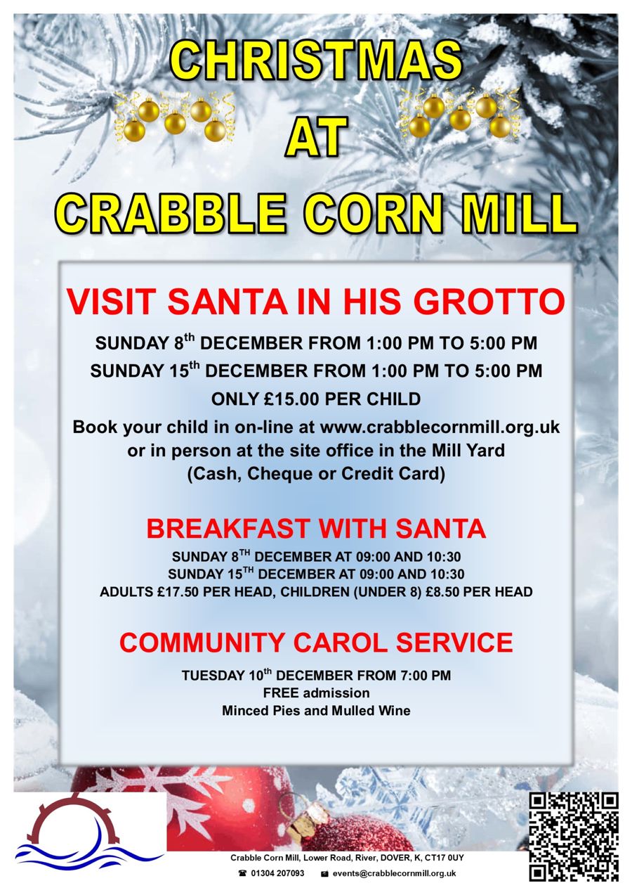 Poster advertising Santa in his grotto at Crabble Corn Mill on the 8th & 15th Dec2024