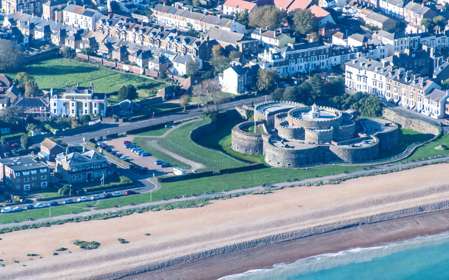 Aerial photo of Deal Castle, beach and surrounding streets and buildings