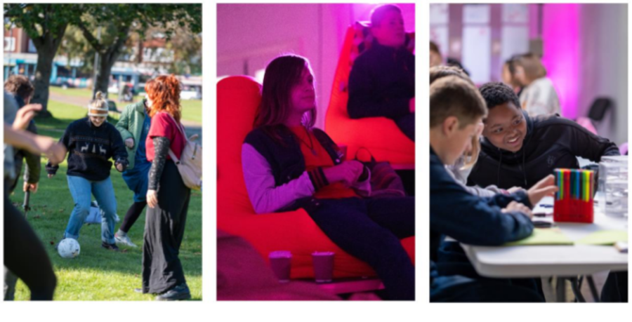 Teenagers taking part in various activities including football, watching a film & art.