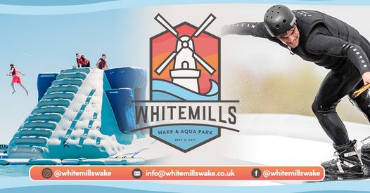 Whitemills Wake & Aqua Park logo and image of people enjoying the park