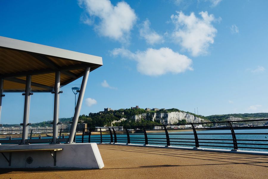 Dover Castle and seafront from the end of Dover Pier