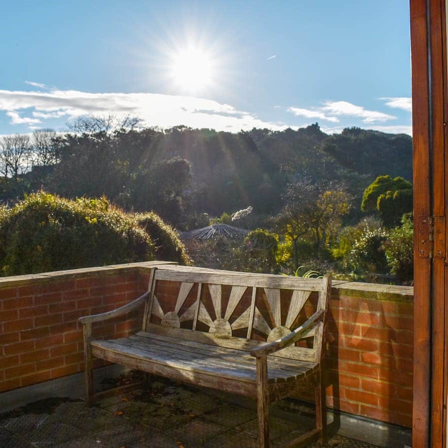 A wooden bench with a view of woodland and blue skies