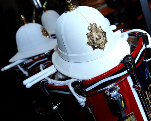 White Royal Marines helmet and drum