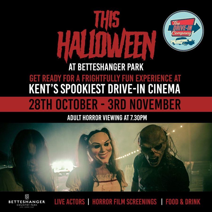 Poster of halloween drive-in films with image of people wearing scary masks.