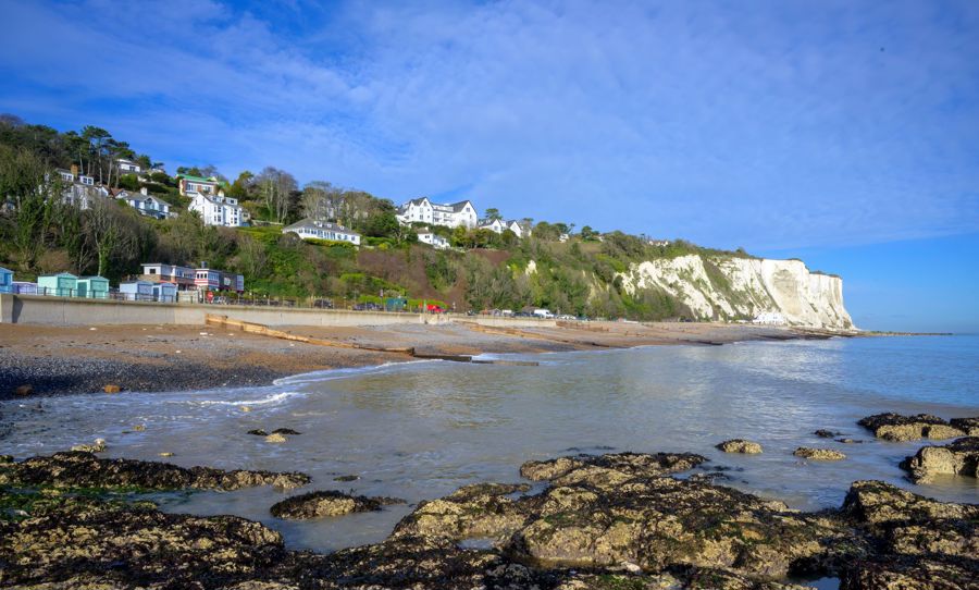 Rockpools and the beach with white cliffs in the distance.