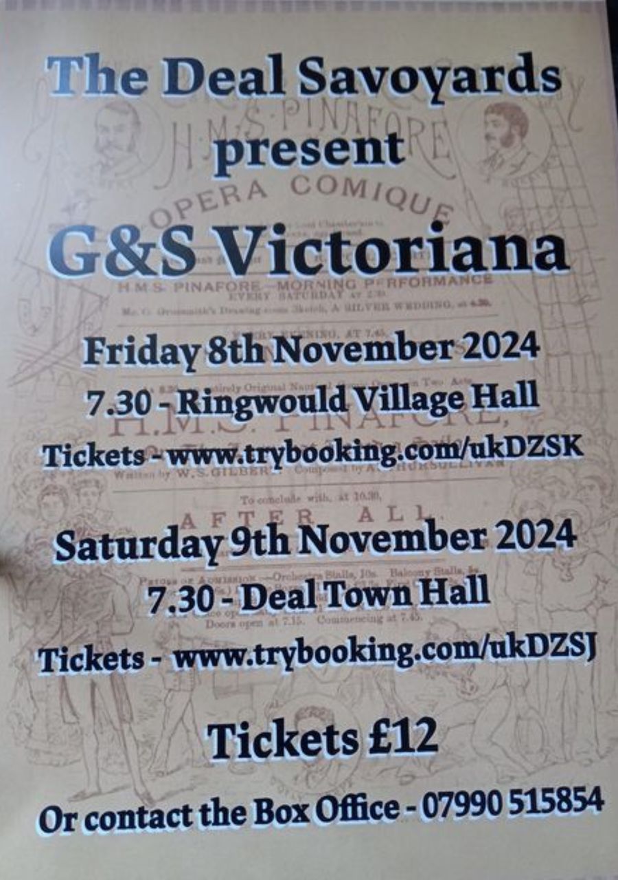 Poster advertising The Deal Savoyards present G&S Victoriana at Ringwould Village Hall.