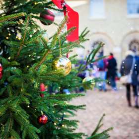 Image of a Christmas tree and coloured baubles